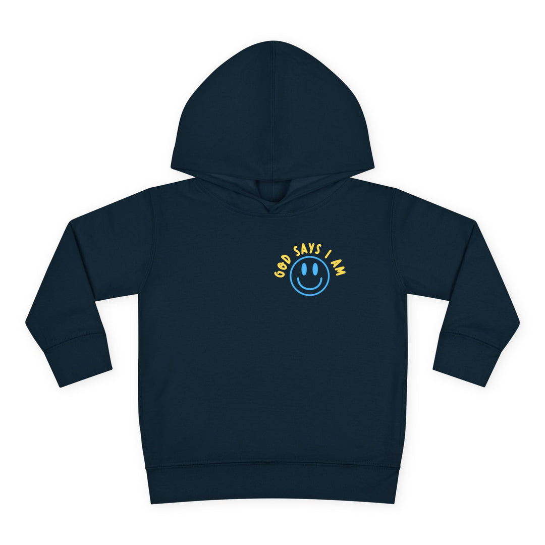 I AM Toddler Hoodie featuring GOD SAYS I AM graphic on chest, navy, laid flat, highlights comfort-focused design with jersey-lined hood and side-seam pockets.