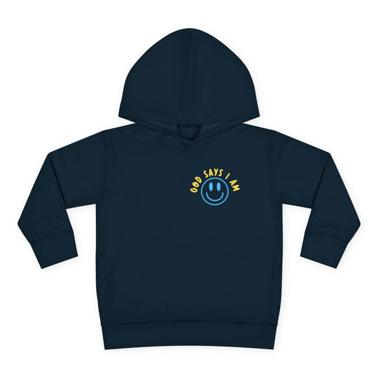 I AM Toddler Hoodie featuring GOD SAYS I AM graphic on chest, navy, laid flat, highlights comfort-focused design with jersey-lined hood and side-seam pockets.