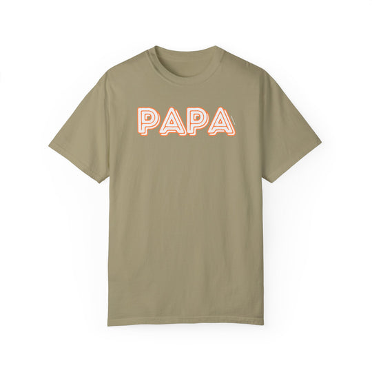 Papa Tee: Tan shirt with white text, logo, and triangle design. 100% ring-spun cotton, garment-dyed for coziness. Relaxed fit, durable double-needle stitching, no side-seams for tubular shape.
