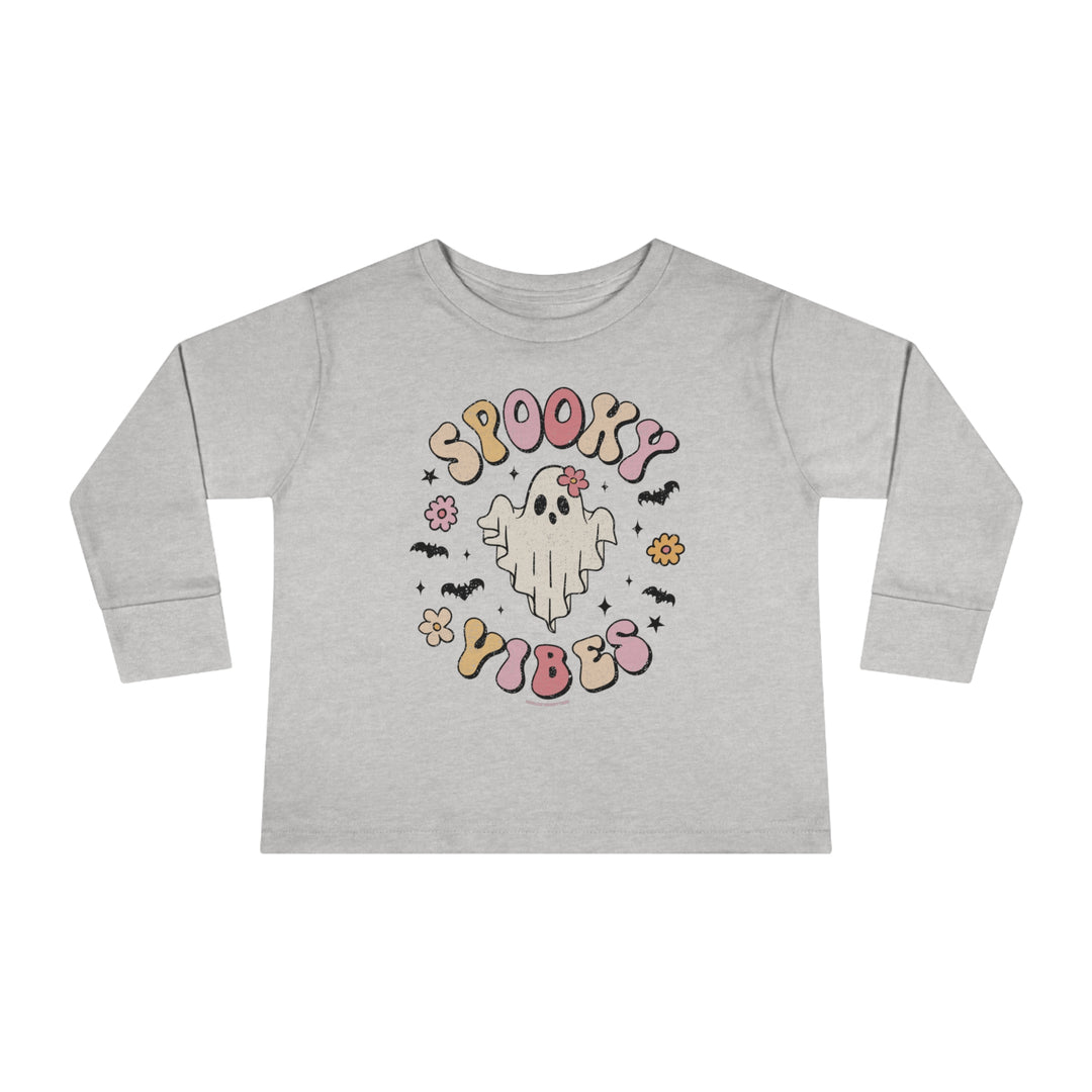 A spooky vibes toddler long sleeve tee featuring a grey shirt with a ghost and bats design. Made of 100% combed ringspun cotton for durability and comfort. From Worlds Worst Tees.