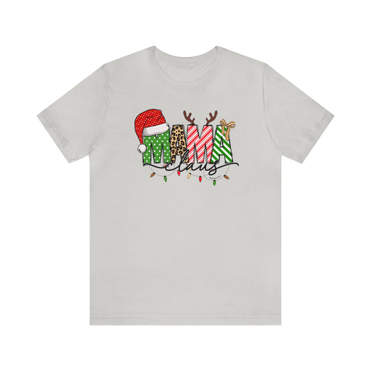 A classic Mama Claus Tee, featuring a graphic design on a white t-shirt. Unisex fit, soft cotton, ribbed knit collars, and Airlume combed cotton fabric. Sizes XS to 5XL.