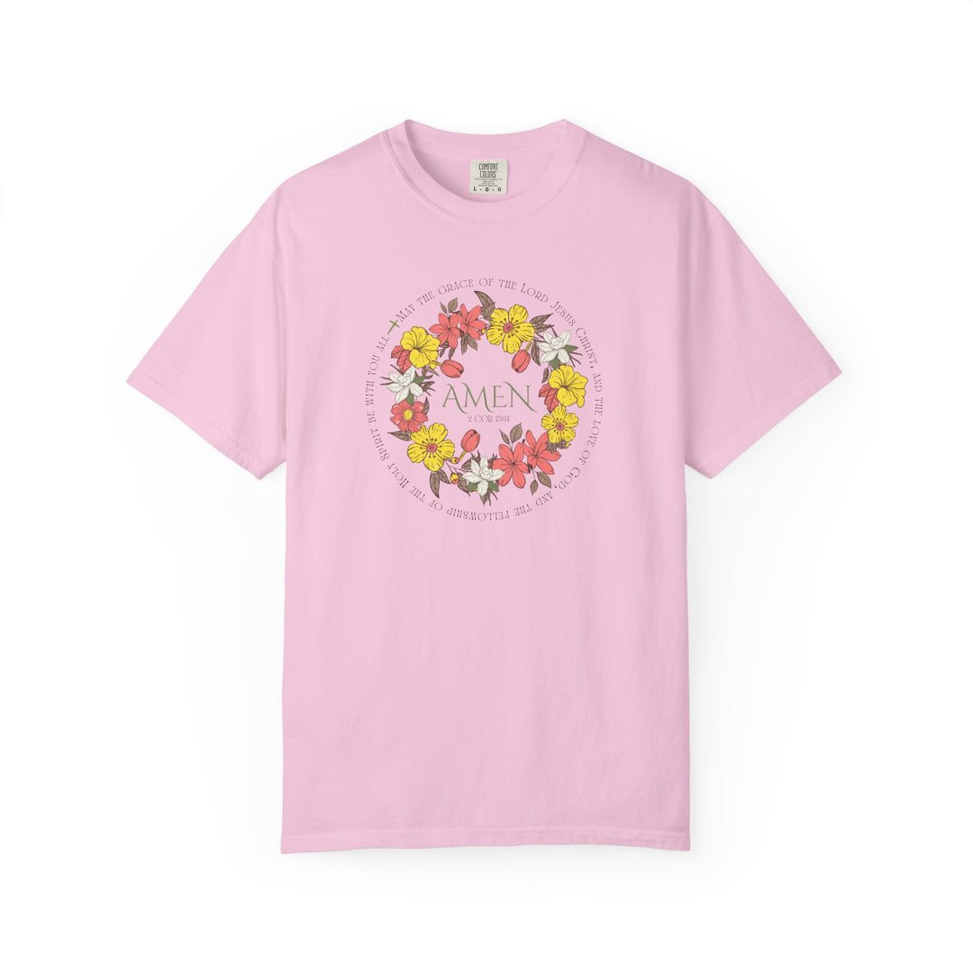 Amen Tee: Pink t-shirt with a floral design, crafted from soft-washed, garment-dyed ring-spun cotton. Features a relaxed fit and durable double-needle stitching.