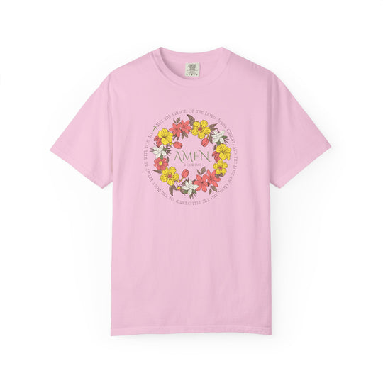 Amen Tee: Pink t-shirt with a floral design, crafted from soft-washed, garment-dyed ring-spun cotton. Features a relaxed fit and durable double-needle stitching.