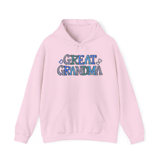 A pink hoodie with blue text, a cozy blend of cotton and polyester, featuring a kangaroo pocket and matching drawstring. Great Grandma Hoodie by Worlds Worst Tees, perfect for chilly days.