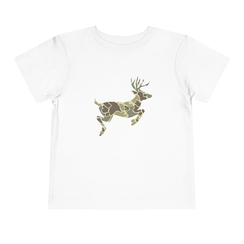 Camo Deer Toddler Tee: A white short-sleeve kids' T-shirt featuring a leaping deer silhouette with earth-tone camouflage pattern, crafted from soft, 100% Airlume cotton for comfort.