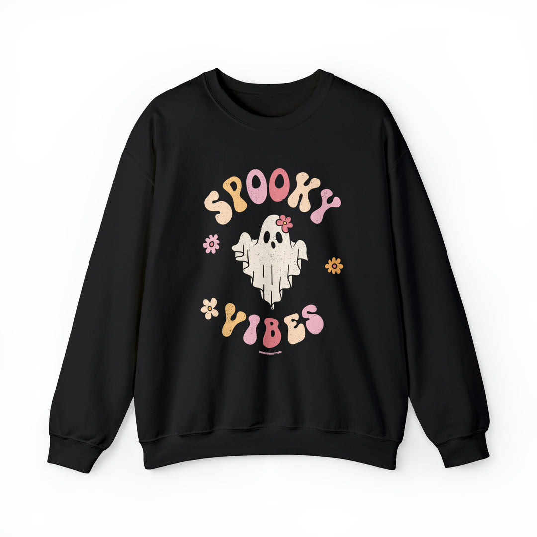 A black crewneck sweatshirt featuring a whimsical ghost design, embodying spooky vibes. Unisex, heavy blend fabric for comfort, ribbed knit collar, and no itchy seams. Perfect for casual wear.