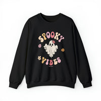 A black crewneck sweatshirt featuring a whimsical ghost design, embodying spooky vibes. Unisex, heavy blend fabric for comfort, ribbed knit collar, and no itchy seams. Perfect for casual wear.