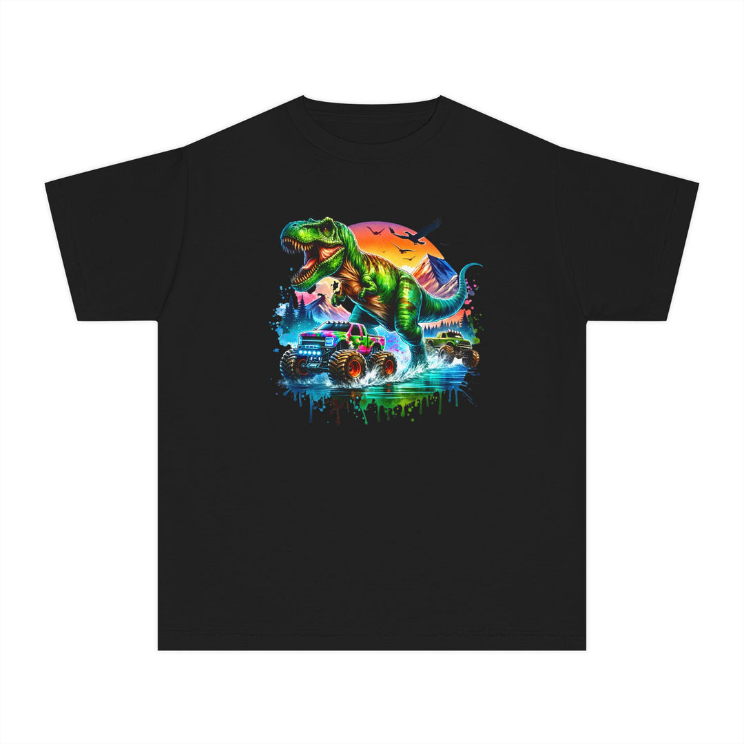 Dino Truck Kids Tee featuring a colorful T-Rex, monster trucks, and neon sunset design, crafted from soft, 100% combed cotton for comfort and agility.