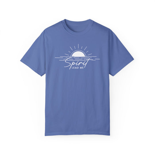 A Spirit Lead Me Tee: Blue shirt with white text. 100% ring-spun cotton, garment-dyed for coziness. Relaxed fit, durable double-needle stitching, no side-seams for a tubular shape. Sizes: S-3XL.