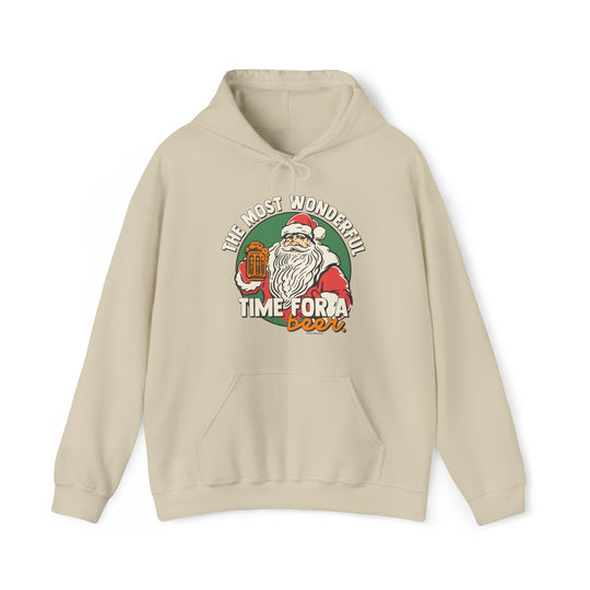 A white hoodie featuring Santa Claus holding a beer, ideal for festive relaxation. Unisex heavy blend of cotton and polyester, with kangaroo pocket and drawstring hood. Perfect for warmth and comfort.