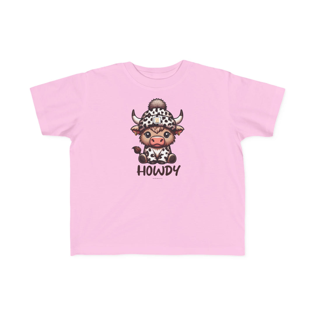 Toddler tee featuring a cartoon cow in a hat, perfect for sensitive skin. 100% combed ringspun cotton, light fabric, tear-away label, classic fit. Sizes: 2T, 3T, 4T, 5-6T.