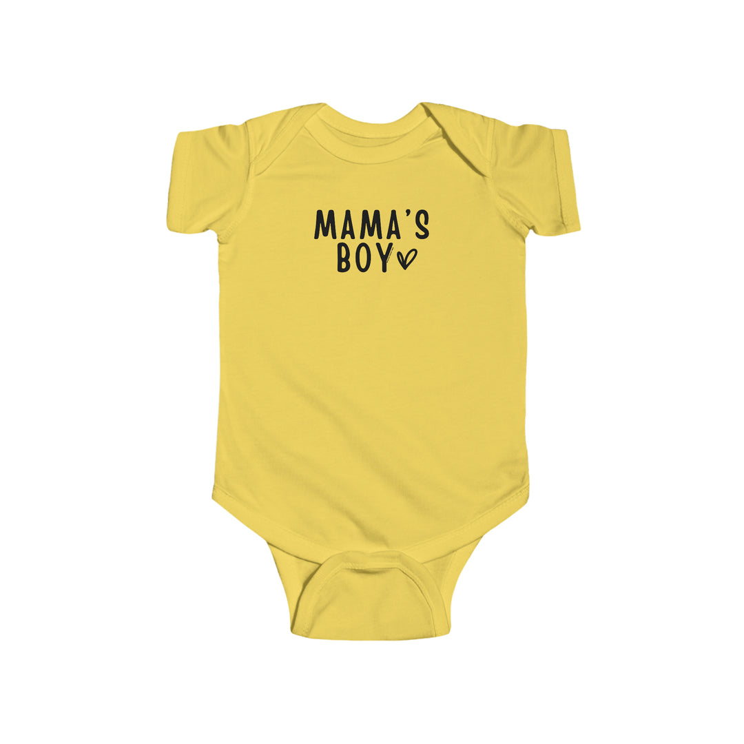 A durable and soft Mama's Boy Onesie in yellow with black text. Infant fine jersey bodysuit with ribbed knitting, 100% cotton fabric, and plastic snaps for easy changing access. From Worlds Worst Tees.