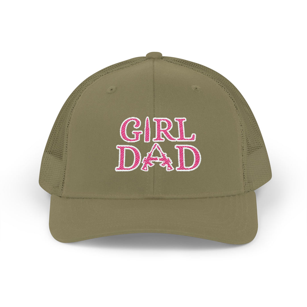 Girl Dad Snapback Trucker Cap with pink embroidery, featuring a classic 6-panel design, pre-curved visor, and adjustable snap closure for a comfortable fit.