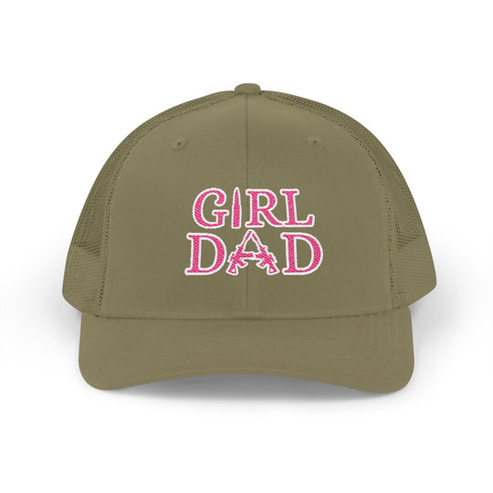 Girl Dad Snapback Trucker Cap with pink embroidery, featuring a classic 6-panel design, pre-curved visor, and adjustable snap closure for a comfortable fit.
