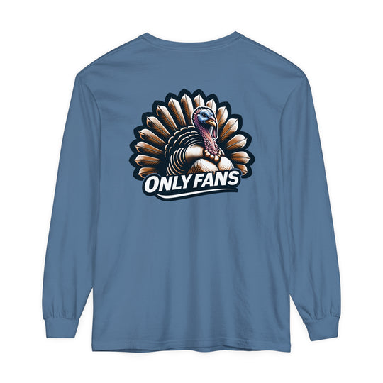 A classic fit Only Fans Hunting Long Sleeve T-Shirt in blue with a turkey design. Made of 100% ring-spun cotton for softness and style. Perfect for casual comfort and hunting enthusiasts.