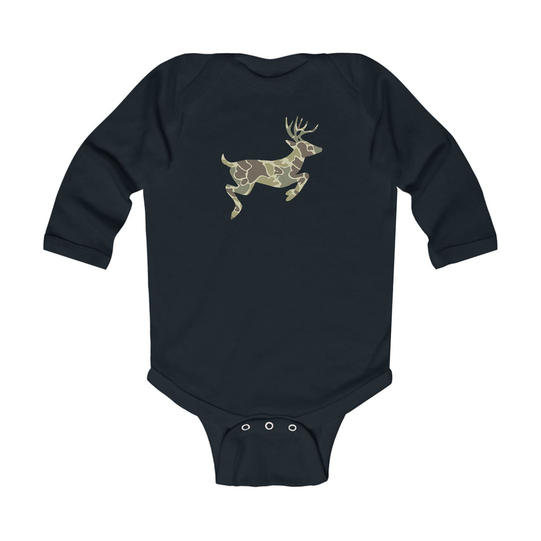 Camo Deer Long Sleeve Onesie featuring a leaping deer silhouette in camouflage pattern on chest, with snap-button closures and ribbed knitting for durability.