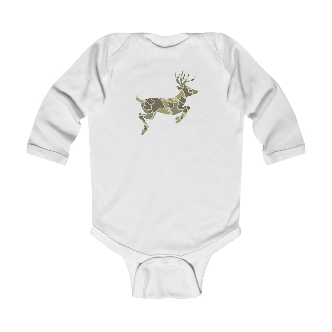 Camo Deer Long Sleeve Onesie: White baby bodysuit with a leaping deer graphic in camouflage, featuring long sleeves, ribbed bindings, and plastic snap closure for easy changing.