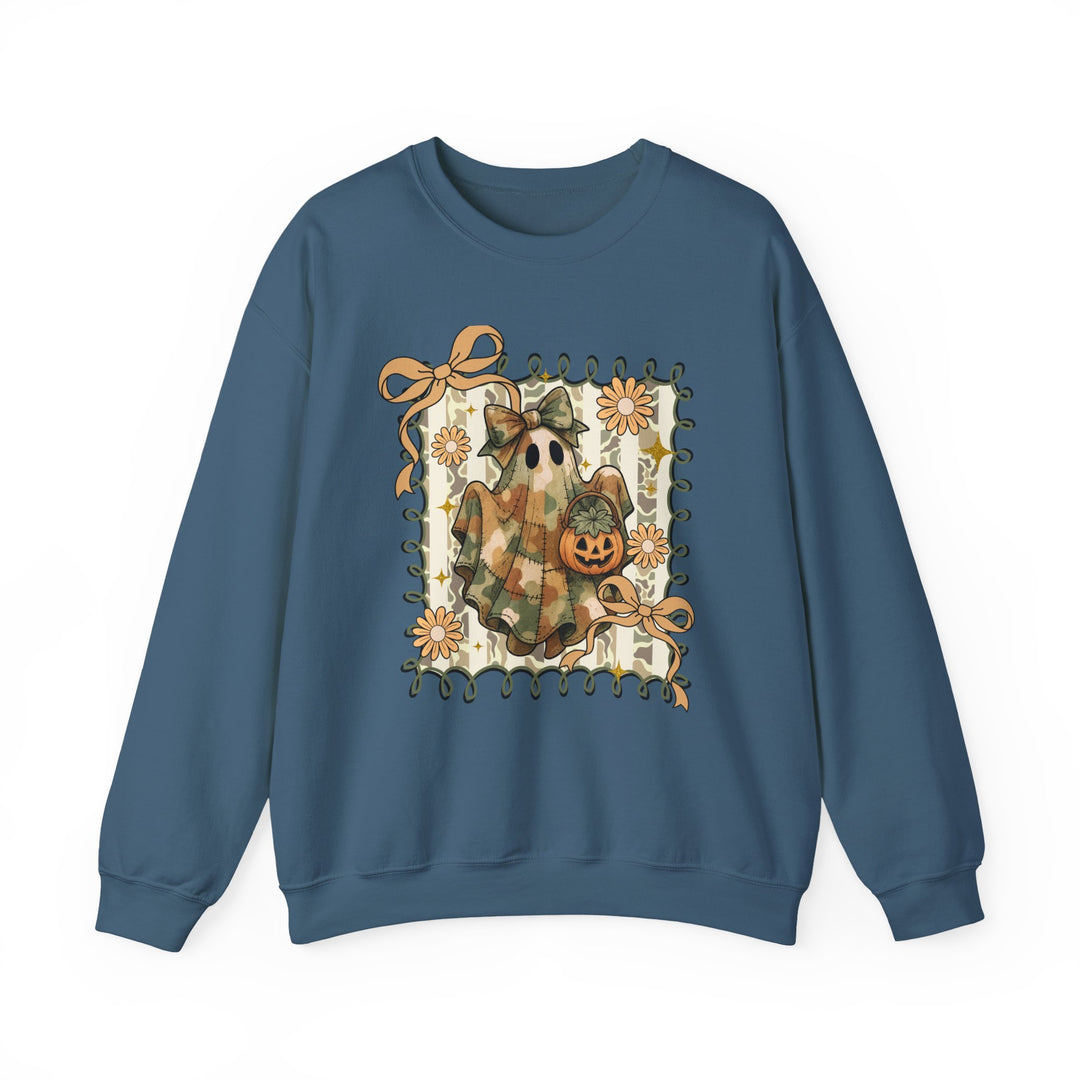 Quilted Ghost Crew sweatshirt featuring a patchwork ghost with bow and jack-o’-lantern, framed by vine and flower design, ideal for cozy, stylish wear.