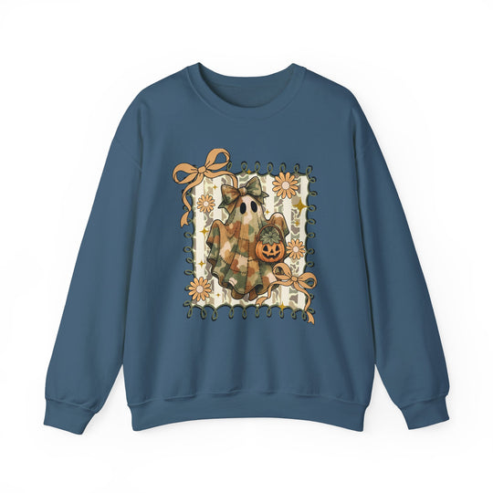 Quilted Ghost Crew sweatshirt featuring a patchwork ghost with bow and jack-o’-lantern, framed by vine and flower design, ideal for cozy, stylish wear.