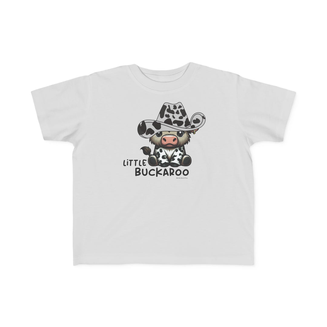Buckaroo Toddler Tee featuring a cartoon cow in a cowboy hat. Soft 100% combed ringspun cotton, light fabric, tear-away label, classic fit. Sizes: 2T, 3T, 4T, 5-6T. Durable print for sensitive skin.