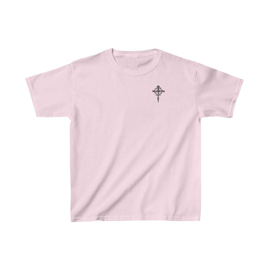 Child of God Kids Tee: Pink t-shirt with a cross and crown of thorns. 100% cotton, ideal for printing, twill tape shoulders, curl-resistant collar, no side seams. Classic fit, sizes XS to XL.