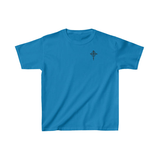 Child of God Kids Tee: Blue t-shirt with a cross and crown of thorns. 100% cotton, light fabric, classic fit, durable twill tape shoulders, curl-resistant collar. Sizes: XS to XL.