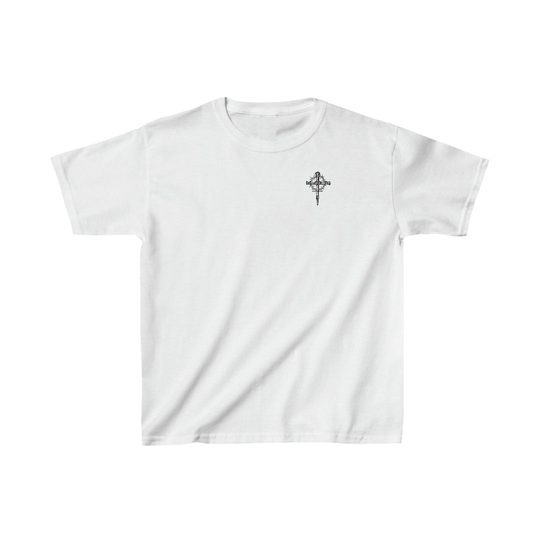 Child of God Kids Tee: White t-shirt with a cross logo, ideal for daily wear. Made of 100% cotton, featuring twill tape shoulders and ribbed collar. Classic fit, no side seams, perfect for printing.