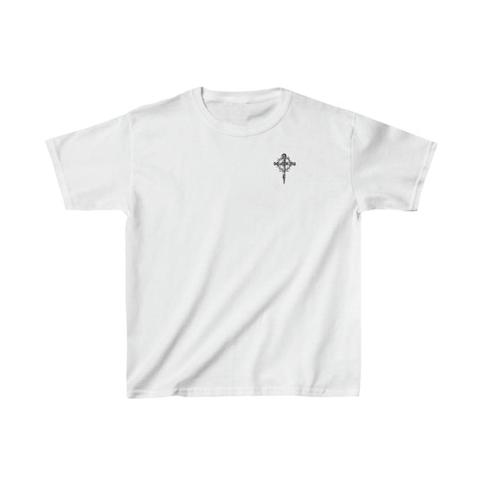 Child of God Kids Tee: White t-shirt with a cross logo, ideal for daily wear. Made of 100% cotton, featuring twill tape shoulders and ribbed collar. Classic fit, no side seams, perfect for printing.