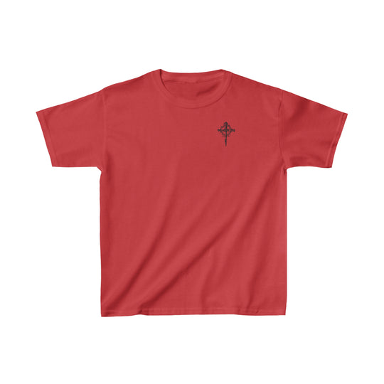 Child of God Kids Tee: Red shirt with a cross, ideal for everyday wear. 100% cotton, light fabric, classic fit. Sizes XS to XL. Durable twill tape shoulders, seamless sides, ribbed collar.
