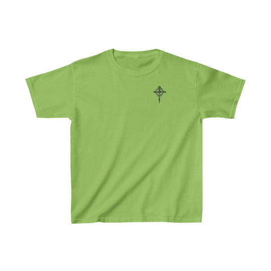 Child of God Kids Tee: Green shirt with a cross design. 100% cotton, light fabric, classic fit. Ideal for everyday wear. No side seams, twill tape shoulders, curl-resistant collar. Sizes XS to XL.