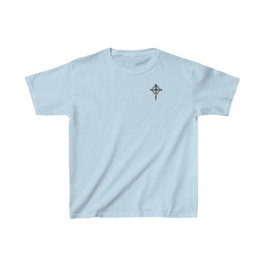 Child of God Kids Tee, light blue t-shirt with a cross. 100% cotton, 5.3 oz/yd², classic fit, durable twill tape shoulders, curl-resistant collar, seamless sides. Sizes: XS to XL.