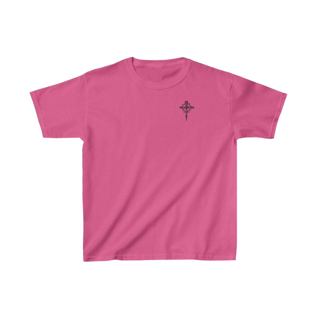 Child of God Kids Tee: Pink shirt with a cross design. 100% cotton, light fabric, classic fit. Ideal for everyday wear. Sizes: XS, S, M, L, XL. No side seams, twill tape shoulders, ribbed collar.
