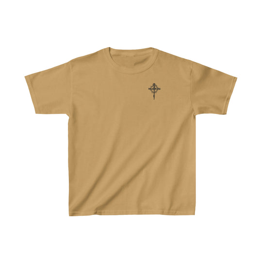 Child of God Kids Tee: A tan t-shirt featuring a cross design, ideal for daily wear. Made of 100% cotton, with twill tape shoulders for durability and a curl-resistant ribbed collar. Classic fit, perfect for printing.