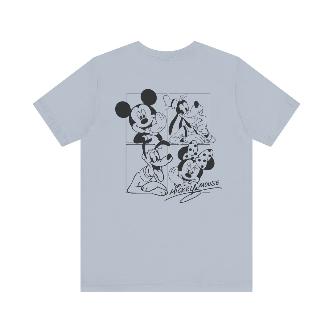 Mickey and CO Tee, a classic unisex jersey short sleeve shirt, known for its soft cotton and quality print, features ribbed knit collars and tapered shoulders.