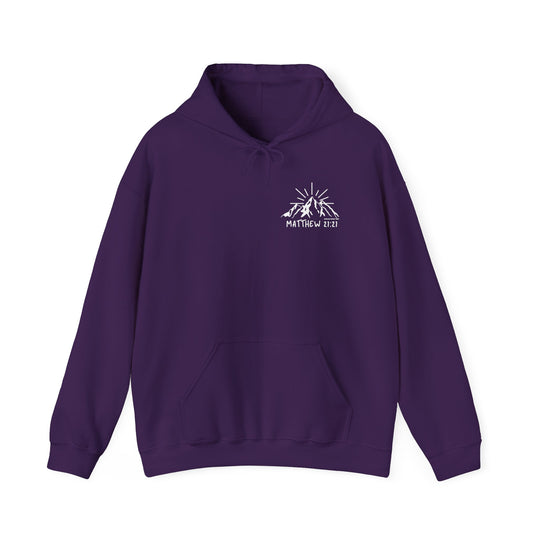 A purple Faith Can Move Mountains Hoodie with a white logo, featuring a cozy blend of cotton and polyester, kangaroo pocket, and matching drawstring hood. Perfect for chilly days. Unisex sizing.
