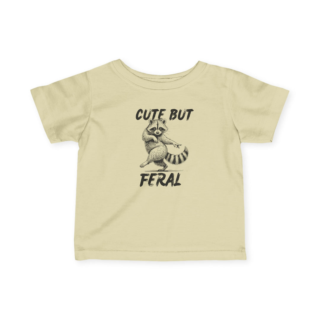 Cute but Feral Baby Tee featuring a sketch-style raccoon and slogan, offering comfort with durable, soft cotton and toddler-friendly design.