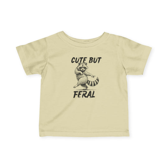 Cute but Feral Baby Tee featuring a sketch-style raccoon and slogan, offering comfort with durable, soft cotton and toddler-friendly design.