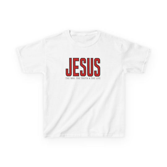 Kids' Jesus the Way, the Truth, the Life tee featuring bold red lettering on a plain white shirt; durable cotton with ribbed collar.