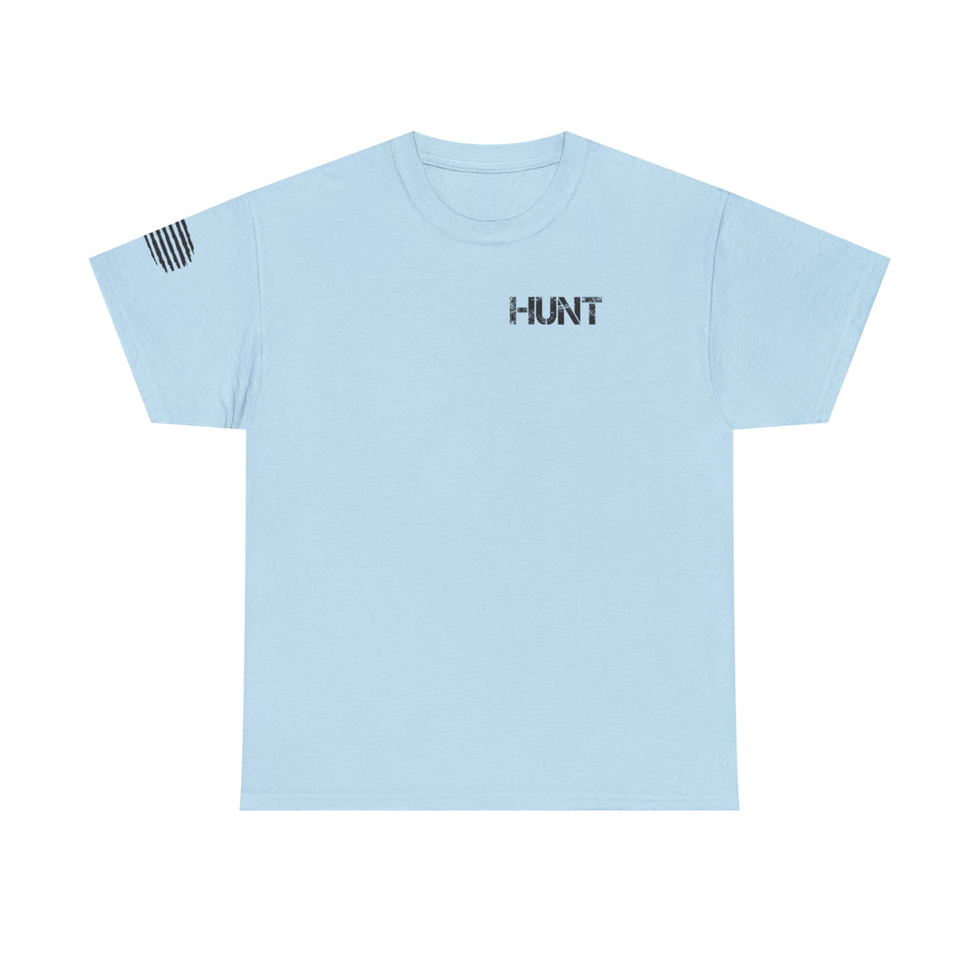 American Hunter Tee: A light blue t-shirt with black text, featuring a premium fit for comfort and style. Made of 100% combed, ring-spun cotton, with ribbed knit collar and roomy design. Ideal for workouts or daily wear.
