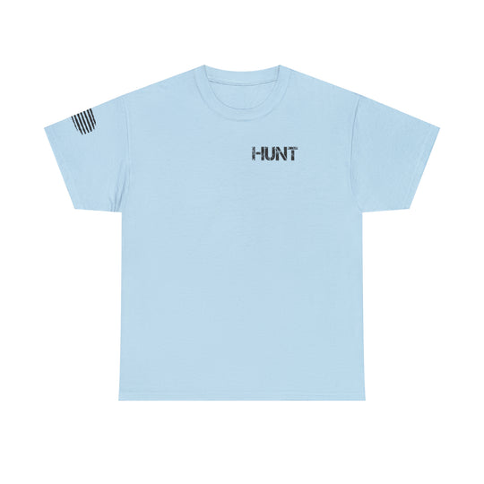 American Hunter Tee: A light blue t-shirt with black text, featuring a premium fit for comfort and style. Made of 100% combed, ring-spun cotton, with ribbed knit collar and roomy design. Ideal for workouts or daily wear.