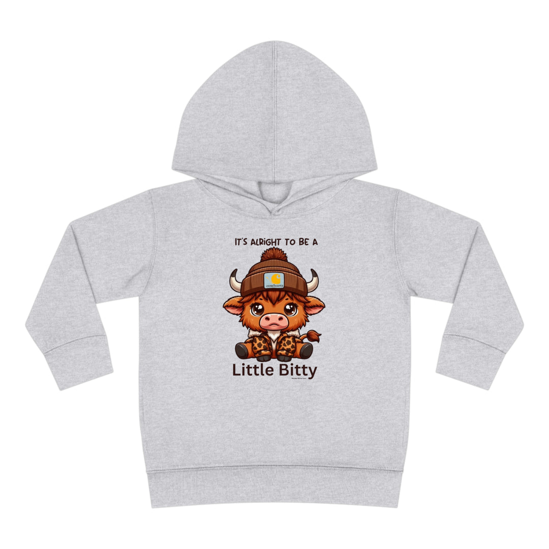 Little Bitty Toddler Hoodie featuring a cartoon cow design, jersey-lined hood, and side seam pockets for cozy durability. 60% cotton, 40% polyester blend. Sizes: 2T, 4T, 5-6T.