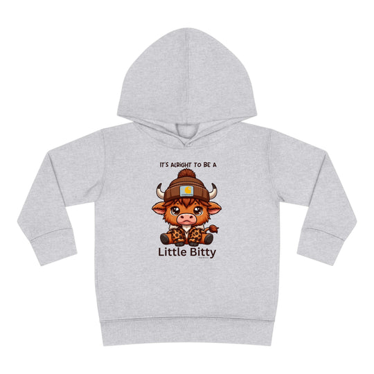 Little Bitty Toddler Hoodie featuring a cartoon cow design, jersey-lined hood, and side seam pockets for cozy durability. 60% cotton, 40% polyester blend. Sizes: 2T, 4T, 5-6T.