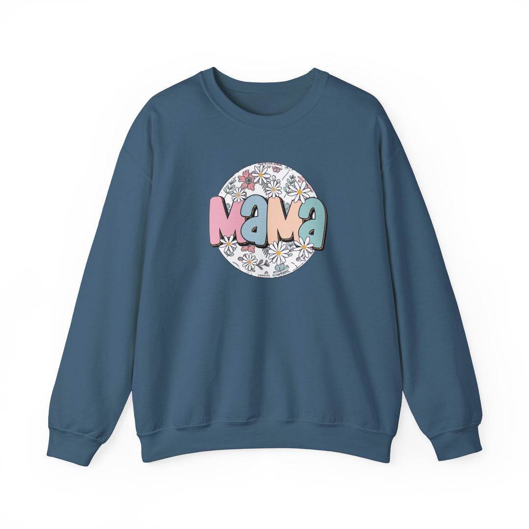 A unisex heavy blend crewneck sweatshirt featuring a graphic design of flowers and letters, embodying comfort and style. Made of 50% cotton and 50% polyester, with a ribbed knit collar for shape retention.