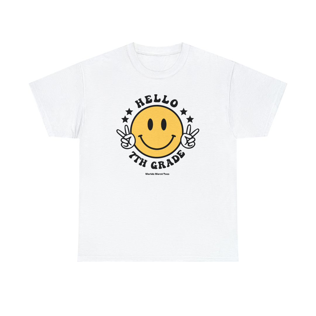 Hello 7th Grade Tee: White t-shirt with a yellow smiley face and text, ideal for workouts or daily wear. Features ribbed knit collar, side seams for structure, and roomy fit. Made of premium 100% cotton.