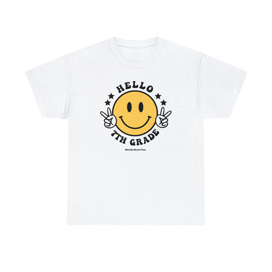 Hello 7th Grade Tee: White t-shirt with a yellow smiley face and text, ideal for workouts or daily wear. Features ribbed knit collar, side seams for structure, and roomy fit. Made of premium 100% cotton.