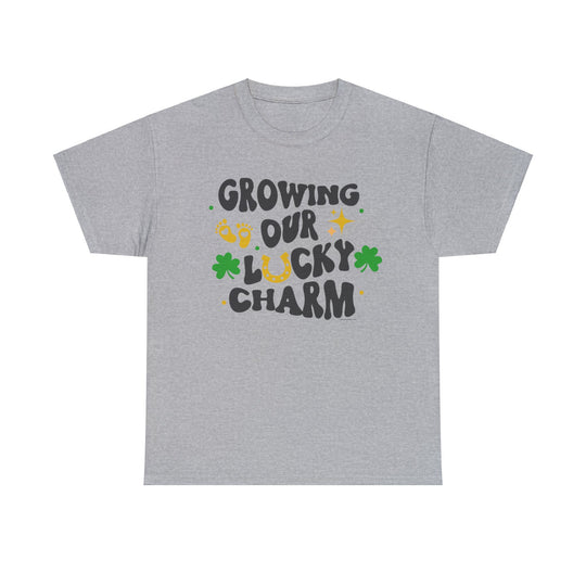 Unisex Lucky Charm Tee: A grey t-shirt with words, featuring a green clover design. Medium fabric, classic fit, tear-away label, 100% US cotton. Ethical, sustainable, and comfy. From 'Worlds Worst Tees'.