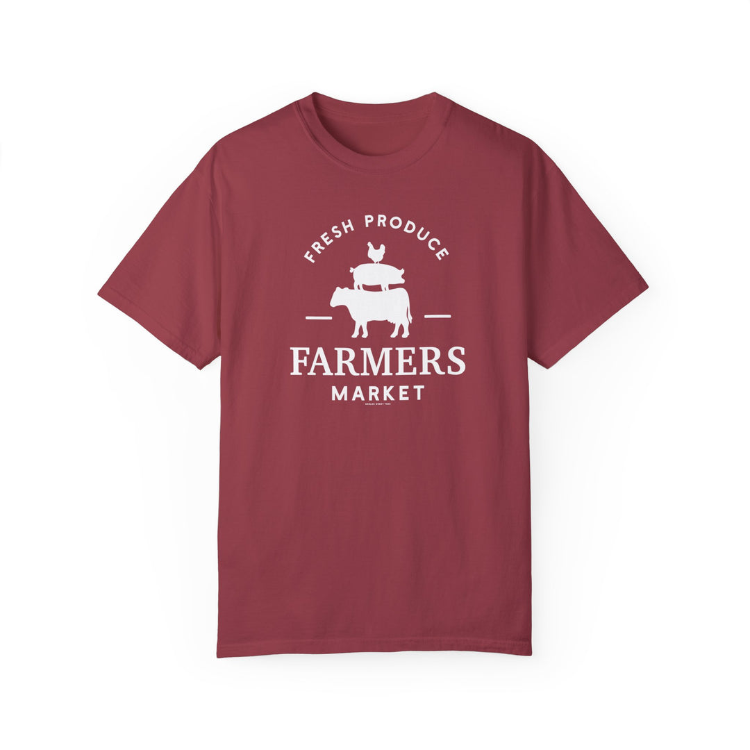 A relaxed fit Farmers Market Tee, garment-dyed for extra coziness. Made of 100% ring-spun cotton with double-needle stitching for durability and a seamless design. Sizes range from S to 3XL.
