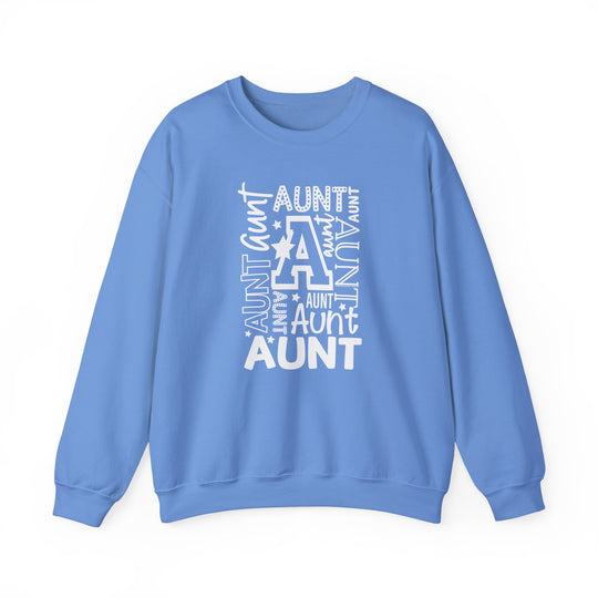 Aunt Crew relaxed fit sweatshirt in blue with white text. 50% cotton, 50% polyester blend, medium-heavy fabric, loose fit. Elevate your style with comfort.