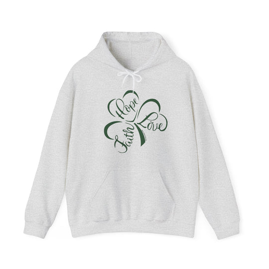 A white hoodie with green text, featuring a clover design. Unisex heavy blend for ultimate comfort, with kangaroo pocket and matching drawstring. Ideal for chilly days. From Worlds Worst Tees.