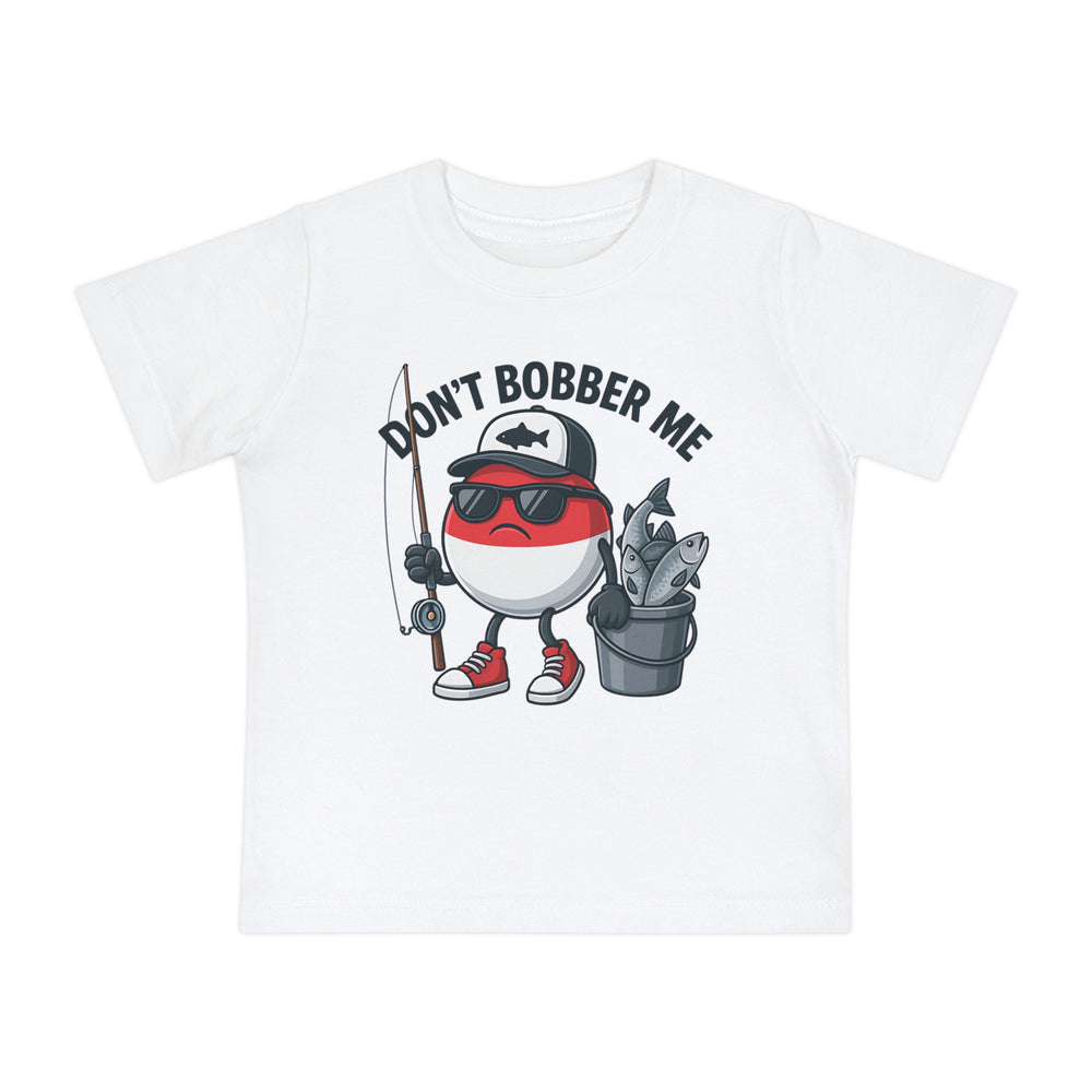 Copy of Don't Bobber Me Baby Tee featuring a cartoon fishing bobber character with sunglasses and fishing gear, perfect for stylish and comfortable baby wear.